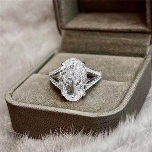 New Resizable Size S925 Sterling Silver Ring Oval Cut Diamond Wedding Engagement
